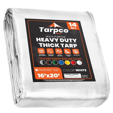 Tarpco Safety Heavy Duty Tarp, 20 ft L x 0.5 mm H x 16 ft W, 14 Mil, White, Polyethylene TS-104-16X20